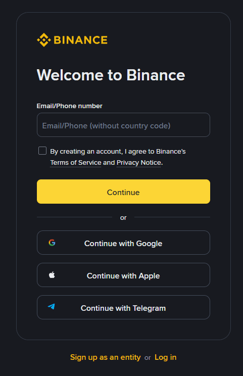 바이낸스 가입 화면