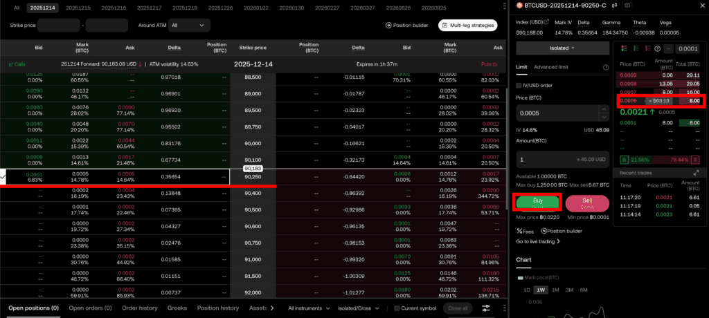 가격 확인 및 콜/풋 매수하기